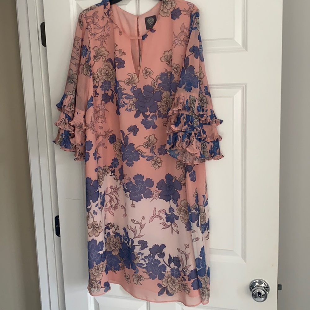 Shift knee length shift dress with pleated ruffle